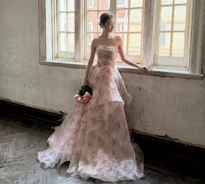Beautiful Pink Rose Print Strapless Layered Organza Train Prom Dress Evening Dress P4891 - Image 4
