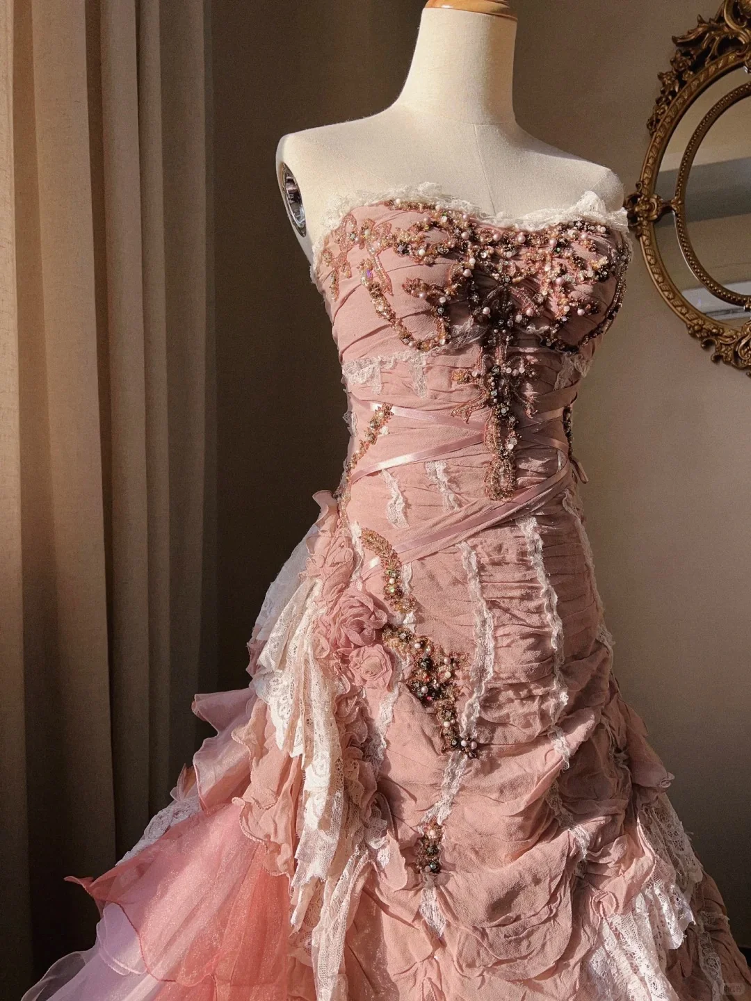 Beautiful Pink Rose Slim Skirt Pleated French Lace Mermaid Wedding Dress P3068 - Image 3