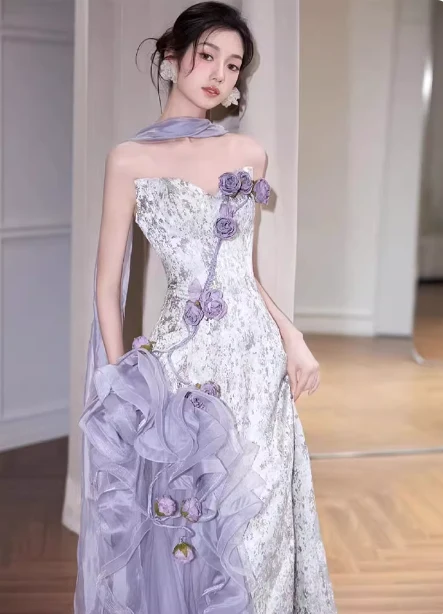 Beautiful Purple-White Gradient Strapless 3D Floral Tulle Satin Long Prom Dress Evening Dress P4430 - Image 3