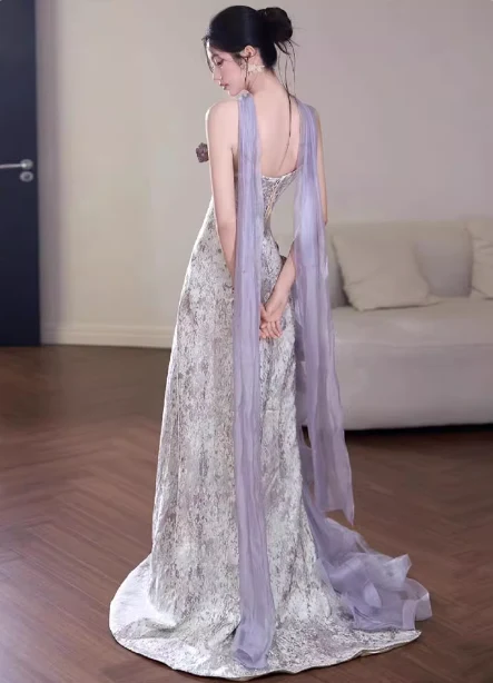 Beautiful Purple-White Gradient Strapless 3D Floral Tulle Satin Long Prom Dress Evening Dress P4430 - Image 5