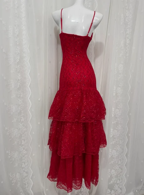 Beautiful Red Sling Lace Waist Ruffle Cake Skirt Prom Dress P3467 - Image 5