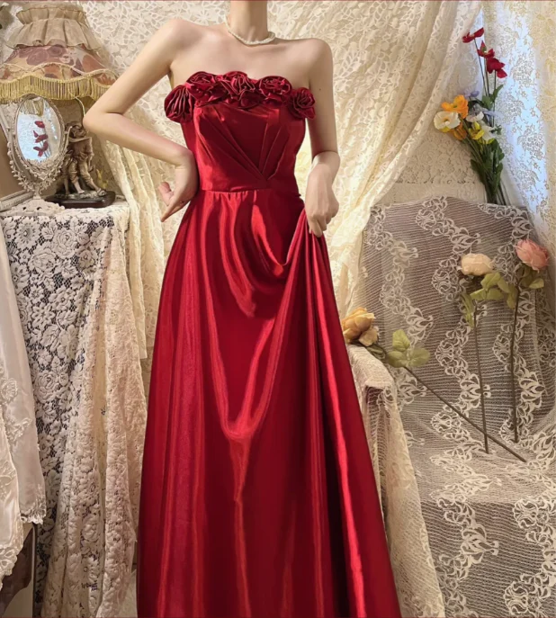 Beautiful Red Strapless Three-dimensional Rose Satin A-line Long Prom Dress P3768 - Image 3