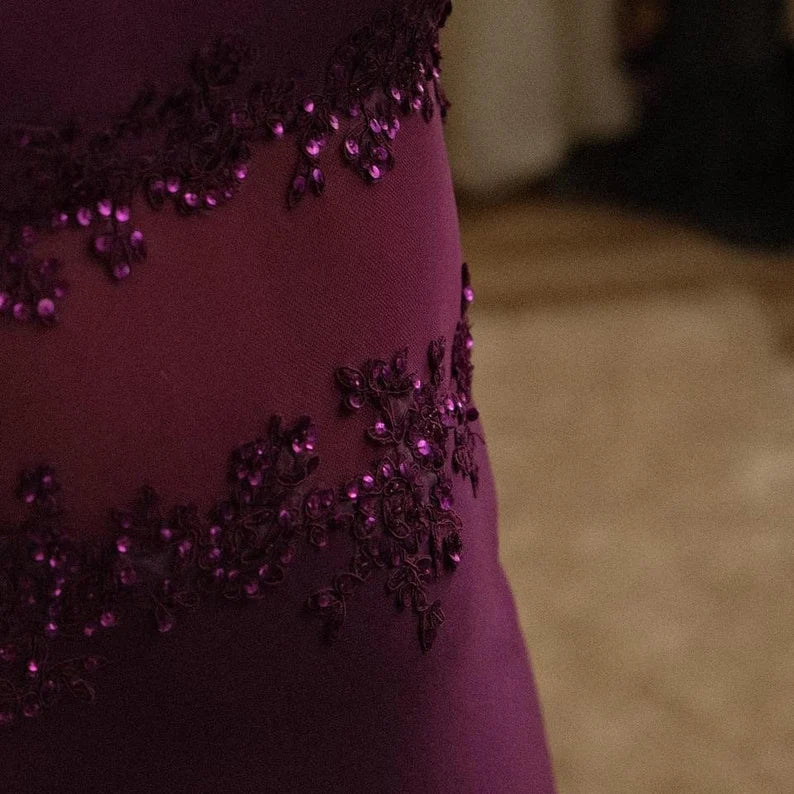 Beautiful Sheath Spaghetti Straps Grape Chiffon Prom Dress With Beads P2305 - Image 3