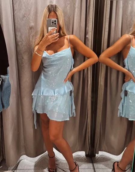 Beautiful Swing Neck Strap Sequin Blue Ruffle 17th Birthday Homecoming Dress P3937 - Image 3