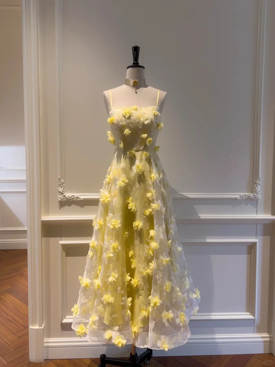 Beautiful Yellow A-line Square Neck Strapless 3D Flower Mesh Long Prom Dress P4055 - Image 2