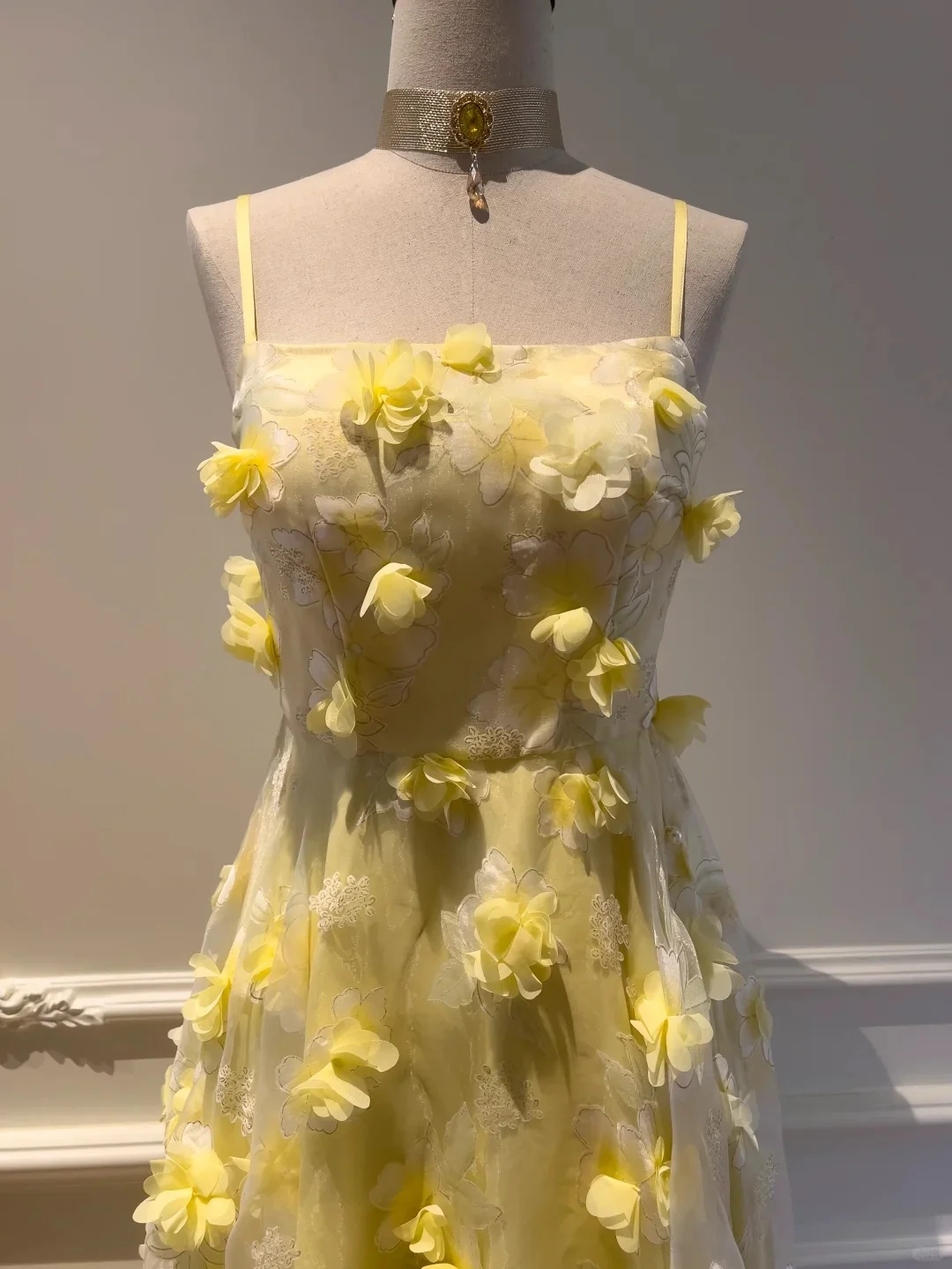 Beautiful Yellow A-line Square Neck Strapless 3D Flower Mesh Long Prom Dress P4055 - Image 4