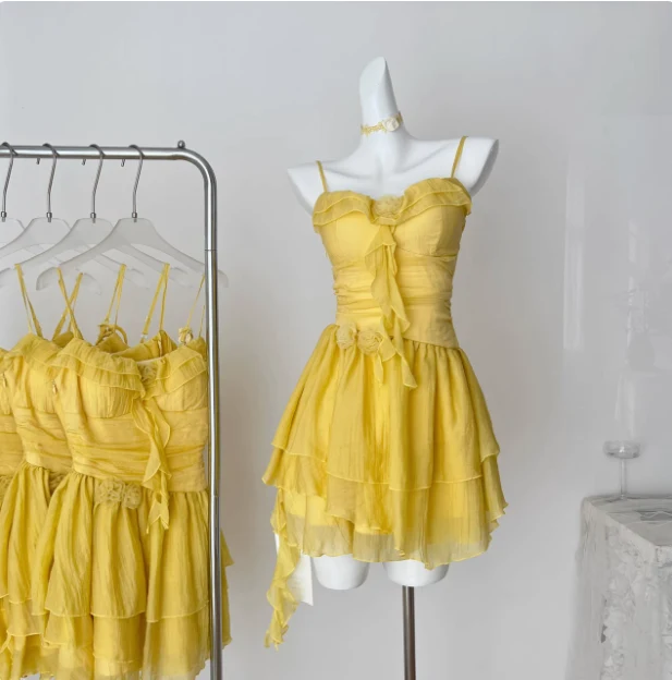 Beautiful Yellow Suspender Flower Irregular Ruffle Chiffon 17th Birthday Short Skirt Homecoming Dress P3830 - Image 2