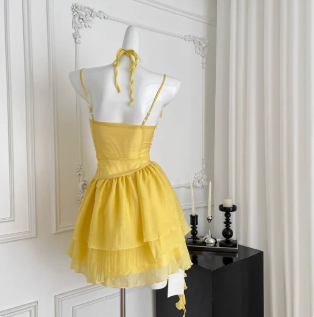 Beautiful Yellow Suspender Flower Irregular Ruffle Chiffon 17th Birthday Short Skirt Homecoming Dress P3830 - Image 4
