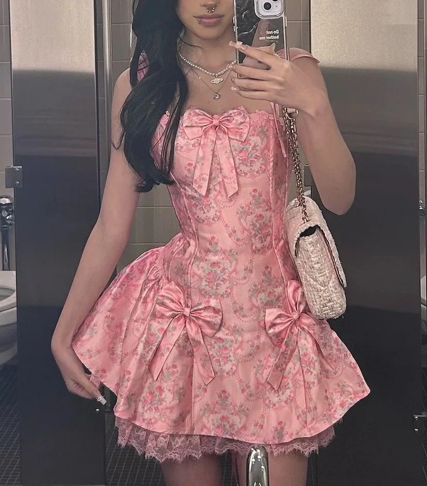 Beauty Homecoming Dress A Line Spaghetti Straps Bowknot Print Short Birthday Party Dress Cocktail Dress P5004