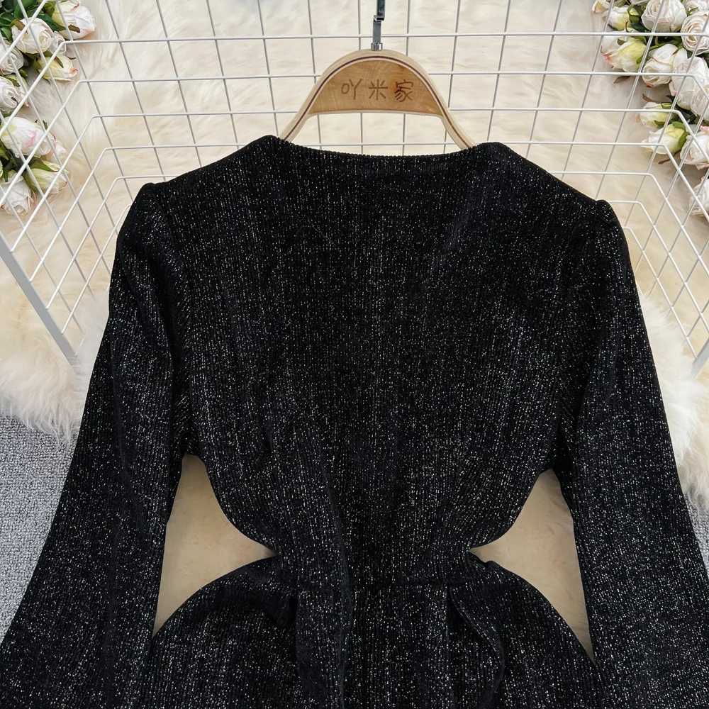 Black A-line Long Sleeve Dress, Black Fashion Dress P289 - Image 6