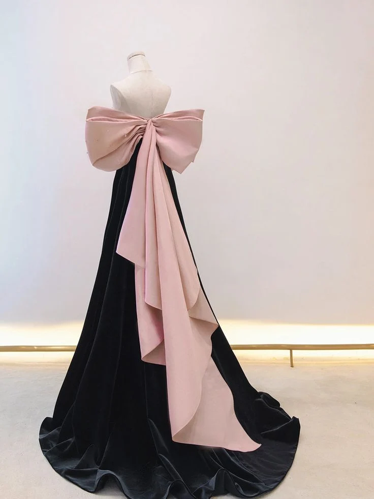 Black/pink velvet long prom dress long formal dressP597 - Image 4
