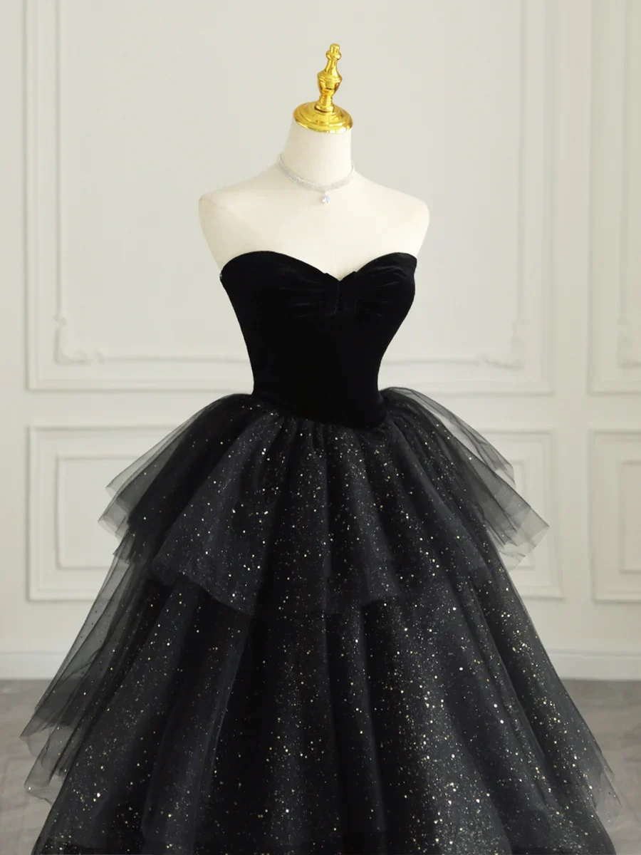 Black Strapless Tulle Formal Dress with Velvet Long Prom Dress P624 - Image 2