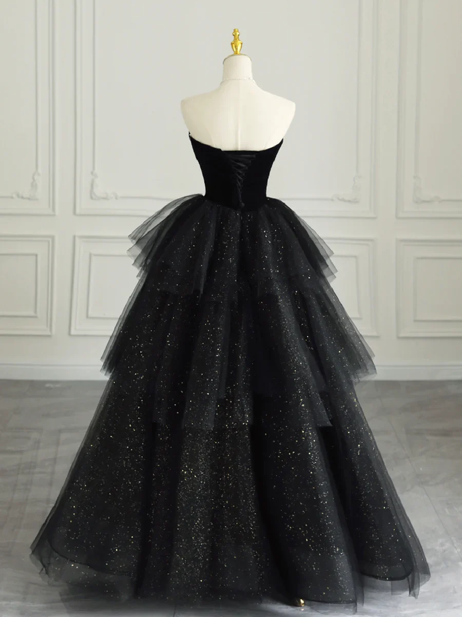 Black Strapless Tulle Formal Dress with Velvet Long Prom Dress P624 - Image 3