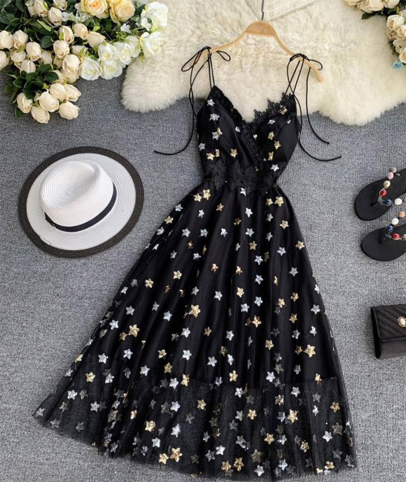Black v neck tulle lace dress with stars sequins 043 - Image 3