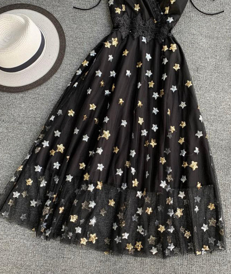 Black v neck tulle lace dress with stars sequins 043 - Image 5