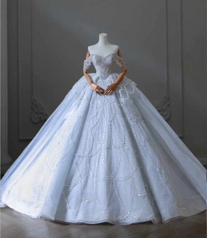 Blue fantasy off-shoulder sparkling beaded tulle A-line wedding dress P2580 - Image 3