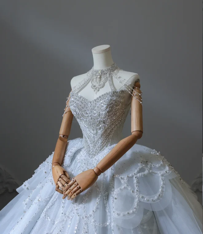 Blue fantasy off-shoulder sparkling beaded tulle A-line wedding dress P2580 - Image 5