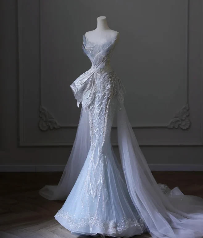 Blue Luxury Sequin Beaded Mermaid Tulle Wedding Dress with Train P2592 - Image 2