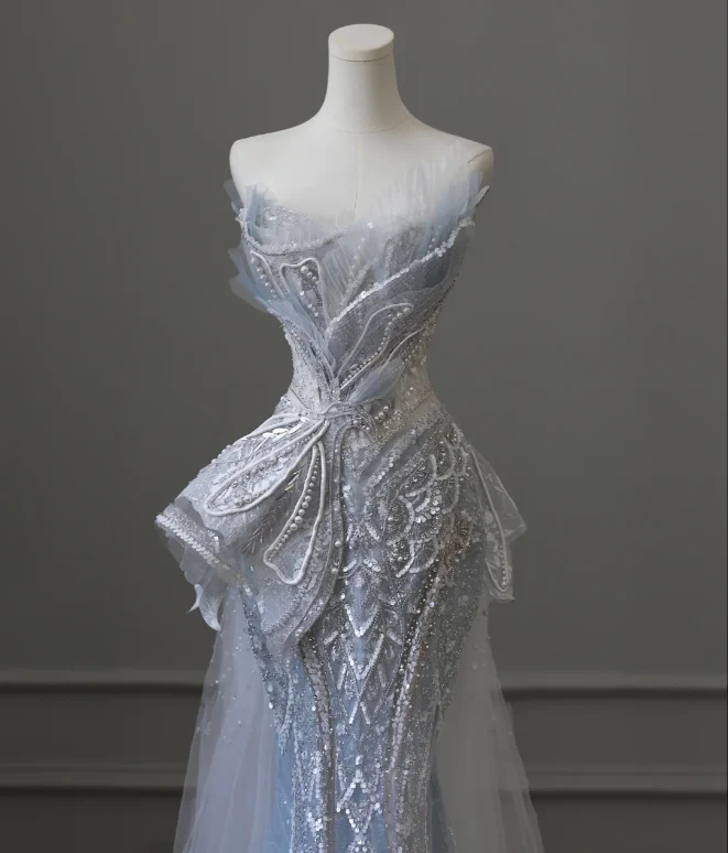 Blue Luxury Sequin Beaded Mermaid Tulle Wedding Dress with Train P2592 - Image 5