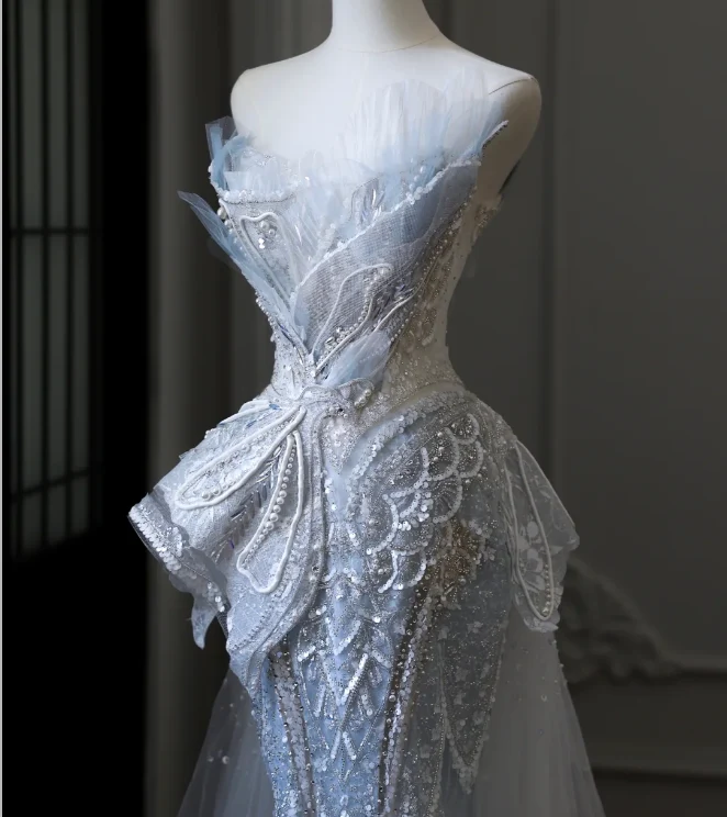Blue Luxury Sequin Beaded Mermaid Tulle Wedding Dress with Train P2592 - Image 7