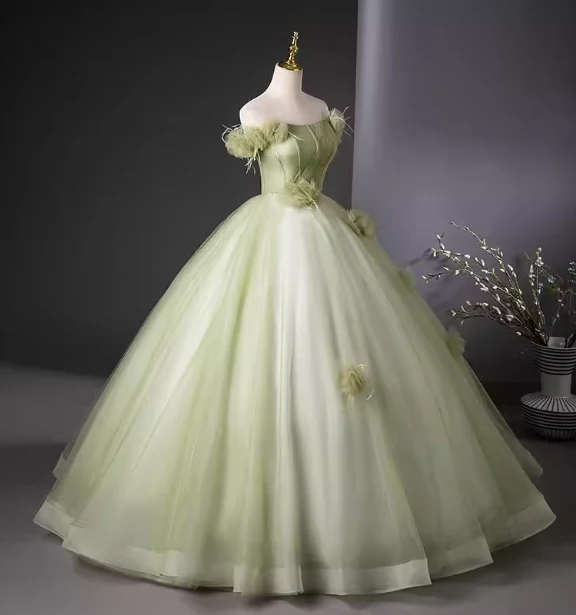 Bohemian Green Strapless Feather Floral Tulle Ball Gown Evening Dress Sweet 16 Dress P4406 - Image 2