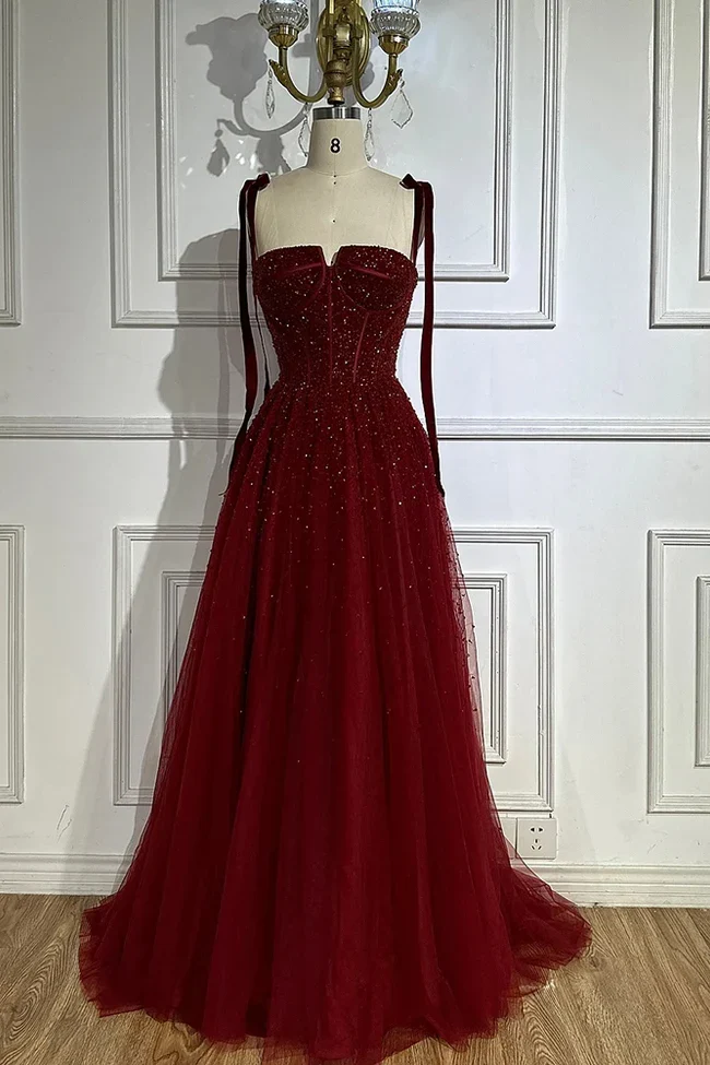 Burgundy Prom Dresses A line Straps Tulle Evening Dresses P1081 - Image 8