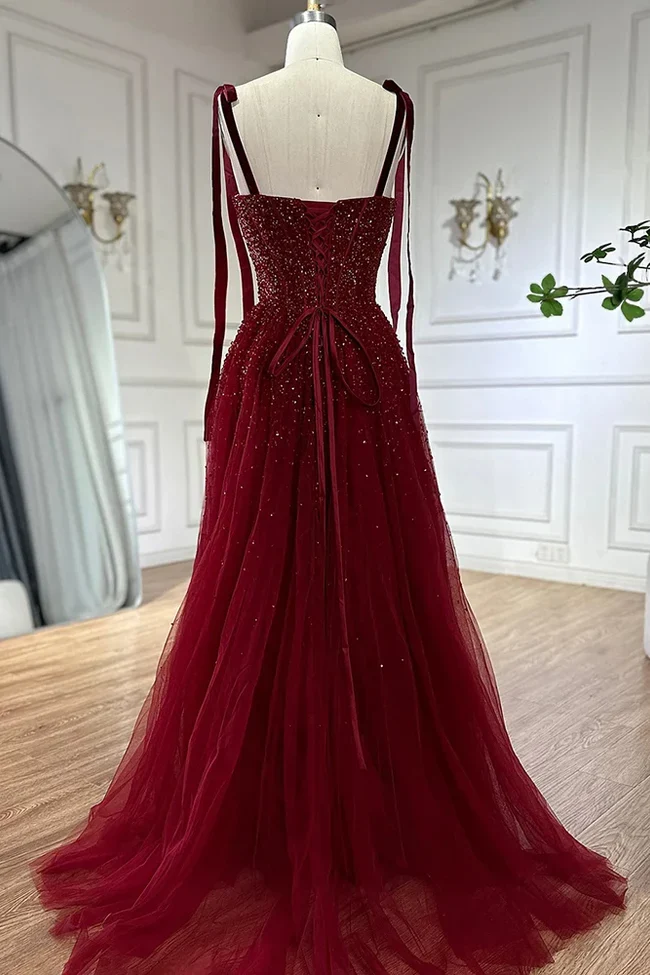 Burgundy Prom Dresses A line Straps Tulle Evening Dresses P1081 - Image 9