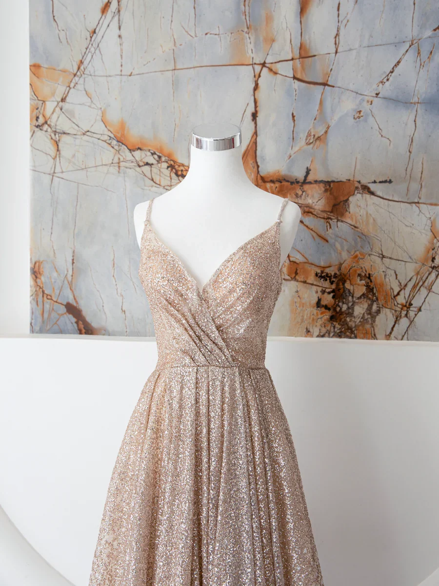 Champagne Spaghetti Strap Sequins Long Prom Dress P671 - Image 2