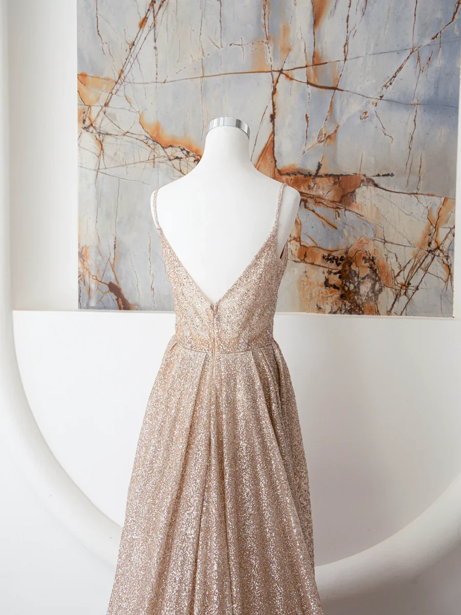 Champagne Spaghetti Strap Sequins Long Prom Dress P671 - Image 4