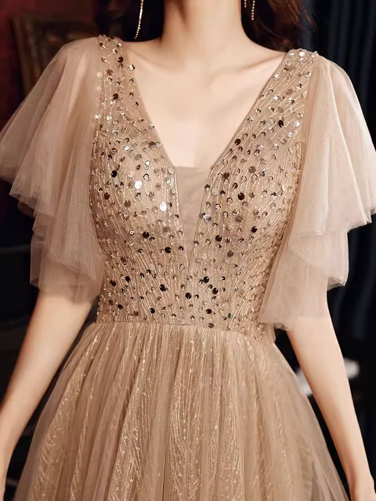 Charming A line Champagne Prom Dress With Puffy Sleeves Long Prom Dresses P530 - Image 4