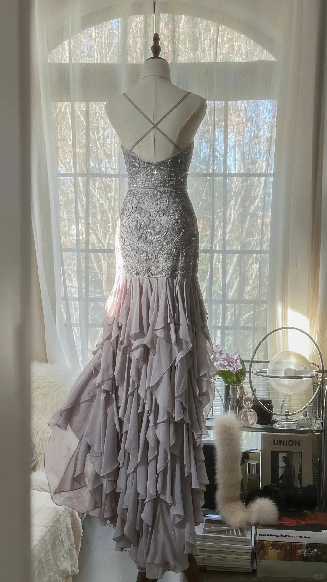 Charming Purple Beaded Short Front And Long Back Ruffled Chiffon Skirt Prom Dress P3315 - Image 2