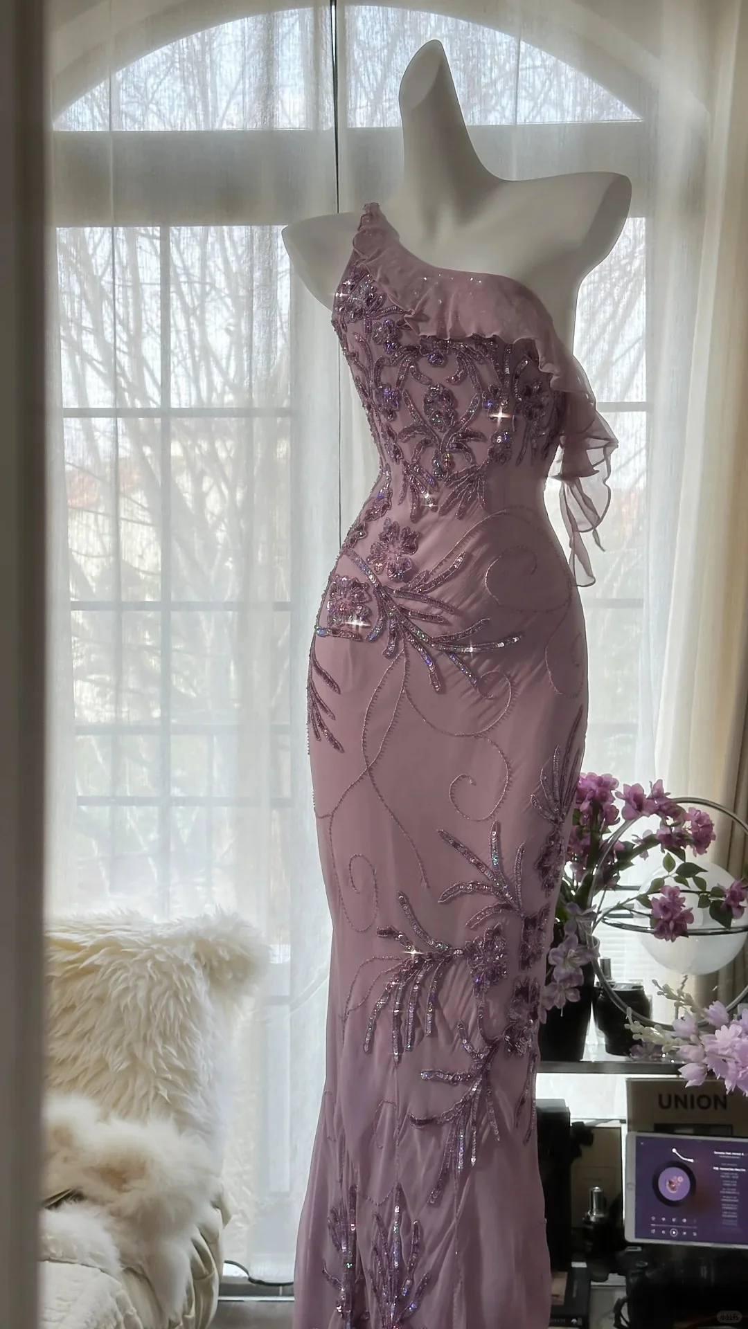 Charming Purple One Shoulder Heavily Beaded Chiffon Prom Dress P3297 - Image 3
