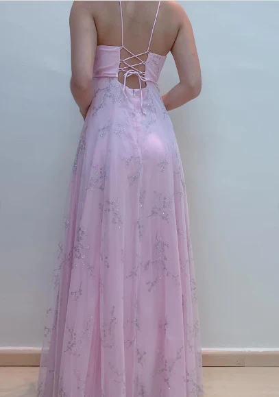 Chic A line V Neckline Pink Chiffon Evening Dress Long Prom Dresses P2363 - Image 3