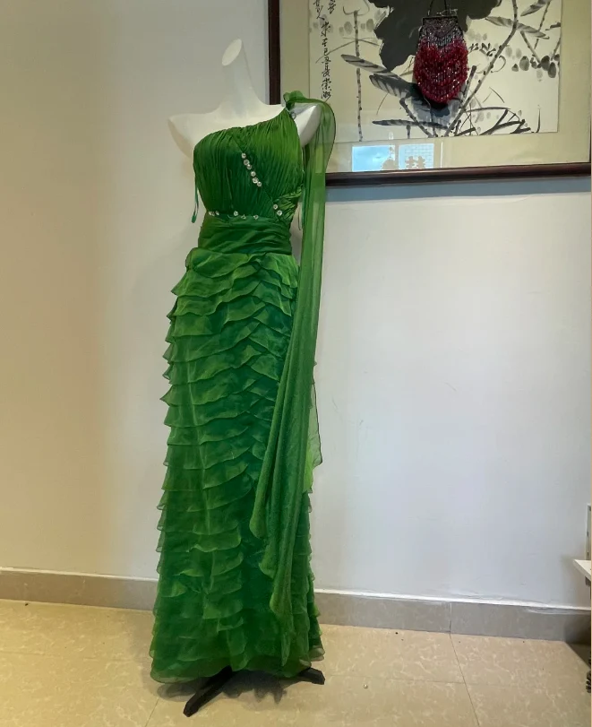 Chic Dark Green One-Shoulder Layered Ruffle Chiffon Long Prom Dress Evening Dress P4276 - Image 2