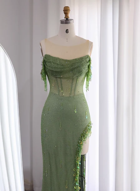 Chic Green Mermaid Tassel Slit Tulle Long Prom Dress Evening Dress P4633 - Image 3