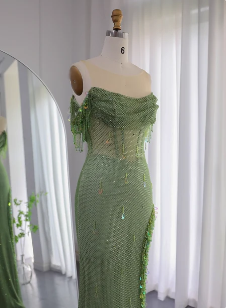 Chic Green Mermaid Tassel Slit Tulle Long Prom Dress Evening Dress P4633 - Image 4