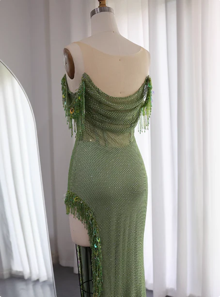 Chic Green Mermaid Tassel Slit Tulle Long Prom Dress Evening Dress P4633 - Image 5