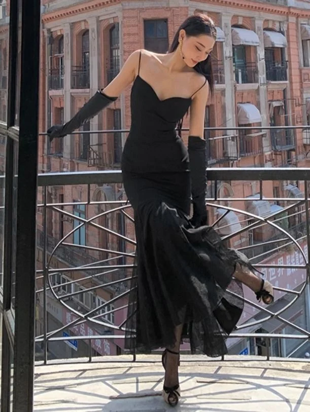 Chic Mermaid Straps Long Black Prom Dress P1548 - Image 2