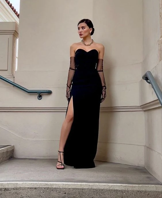 Chic Mermaid Sweetheart Velvet Long Black Prom Dress With Gloves P1550