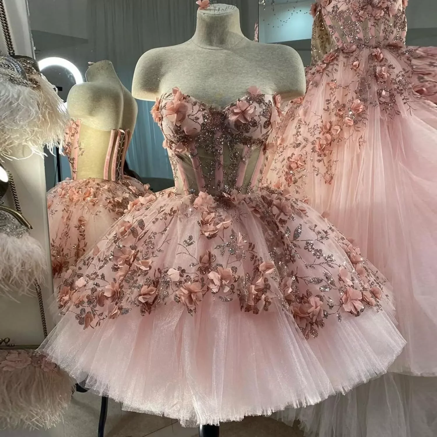 Chic Pink Prom Dresses Hand Made Flowers 18th Birthday Outfits P1841 - Image 3