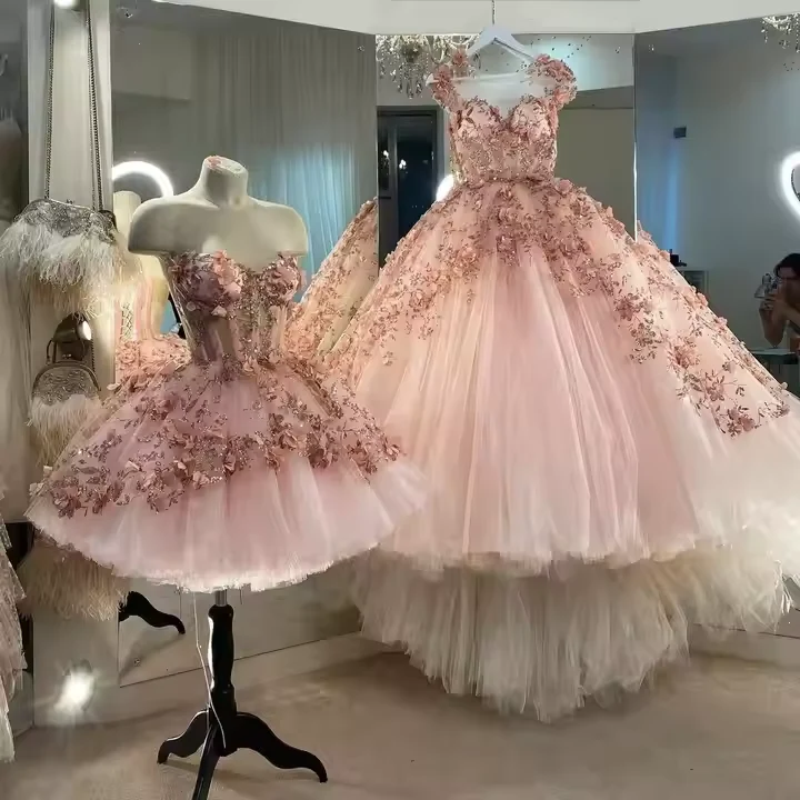 Chic Pink Prom Dresses Hand Made Flowers 18th Birthday Outfits P1841 - Image 5