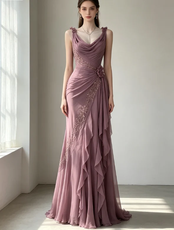 Chic Sheath Long Prom Dress Chiffon Beaded Evening Dress P5017 - Image 3