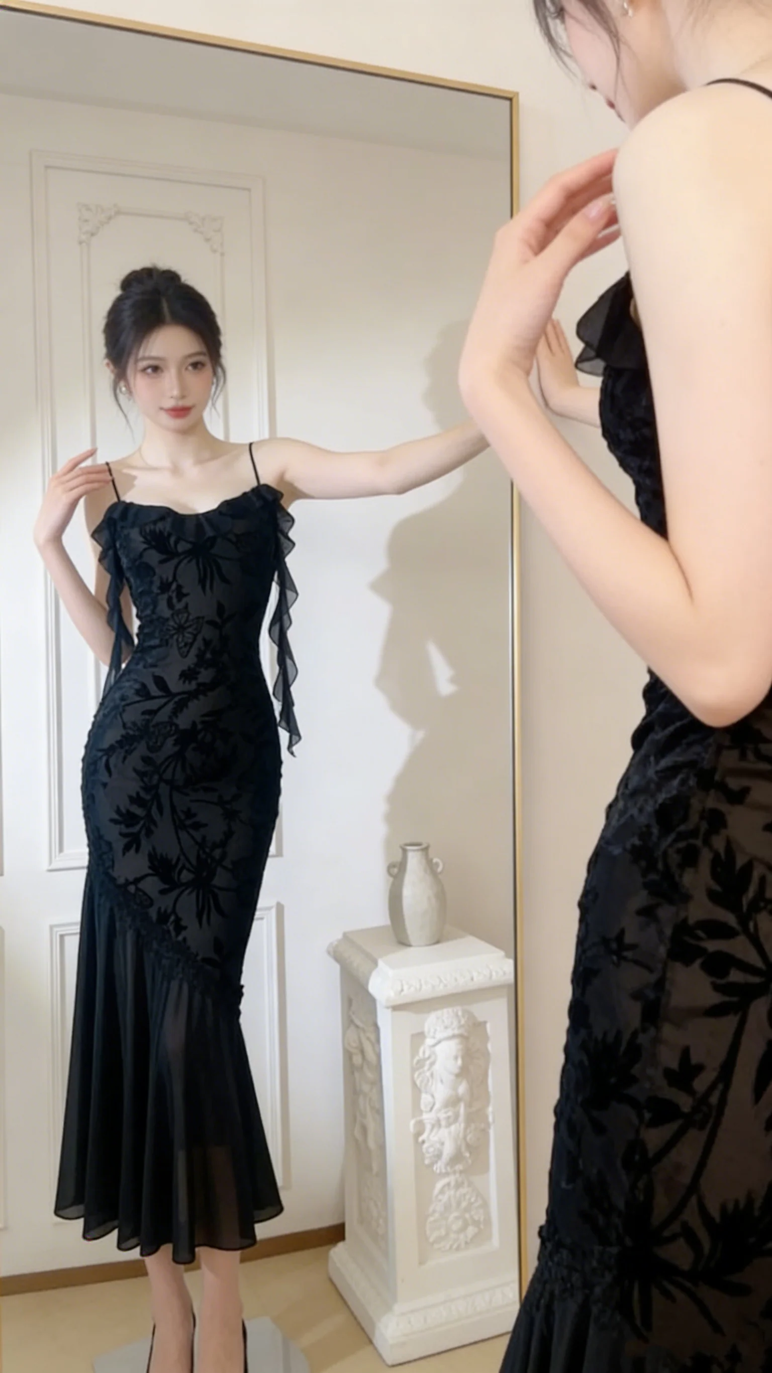 Chic Sheath Spaghetti Straps Black Evening Dress Long Prom Dresses P2359 - Image 2