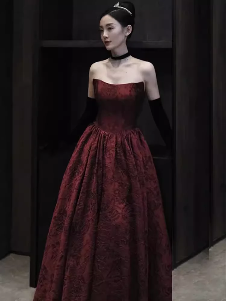 Classic Ball Gown Strapless Satin Burgundy Prom Dresses Long Prom Dress P481 - Image 3