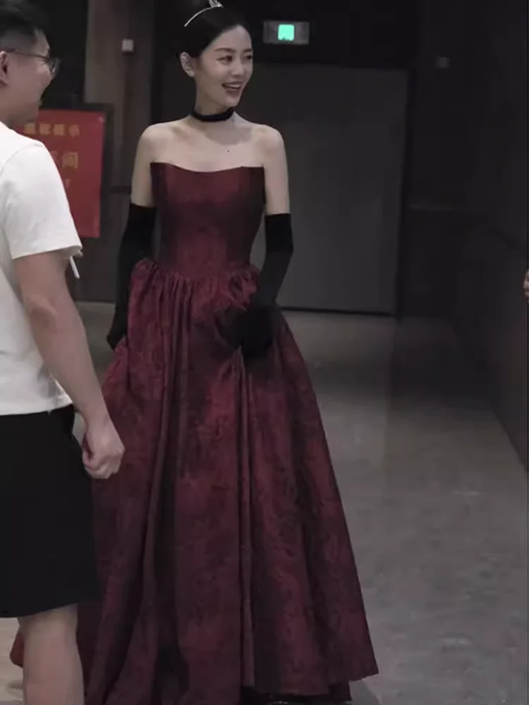 Classic Ball Gown Strapless Satin Burgundy Prom Dresses Long Prom Dress P481 - Image 4