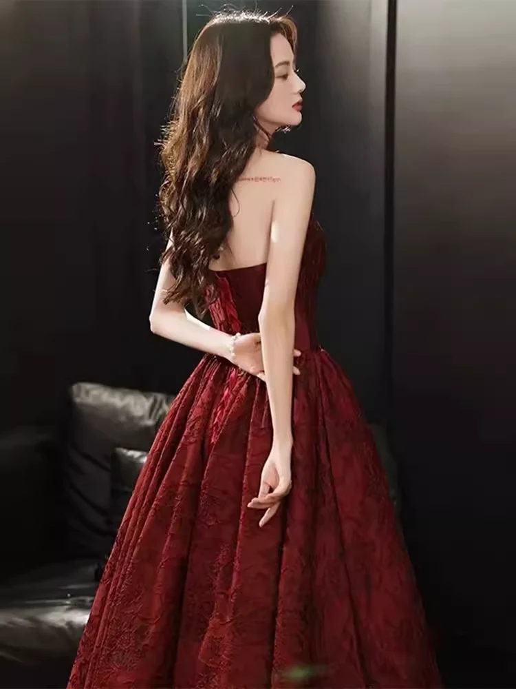 Classic Ball Gown Strapless Satin Burgundy Prom Dresses Long Prom Dress P481 - Image 5