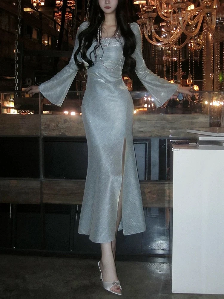 Classy Mermaid Square Neckline Long Sleeves Slit Prom Dresses Evening Gowns P2344