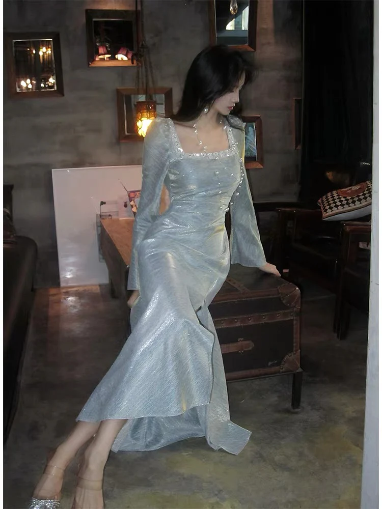 Classy Mermaid Square Neckline Long Sleeves Slit Prom Dresses Evening Gowns P2344 - Image 4