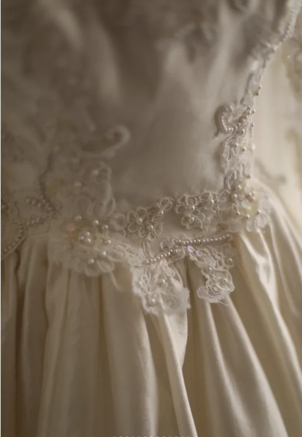 Cream Beige Palace Retro Long Sleeve Bow Satin Wedding Dress P2861 - Image 6