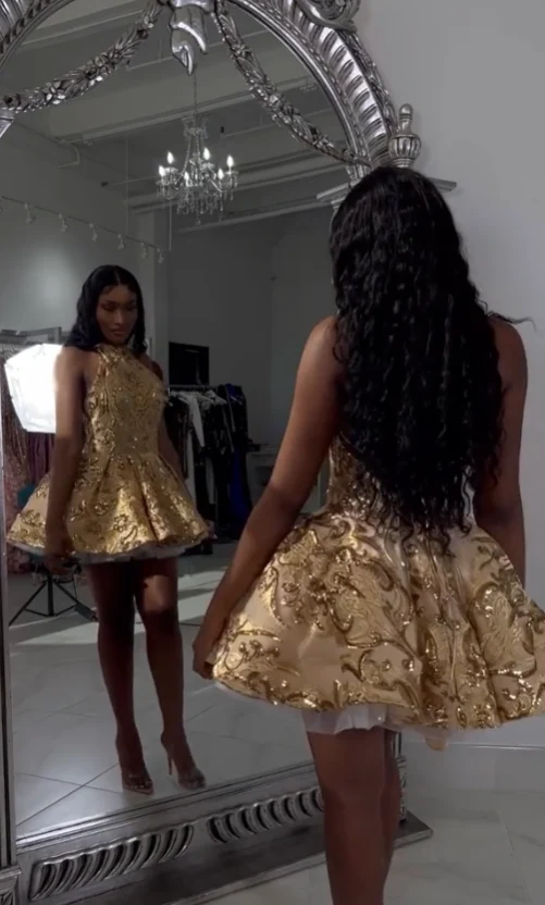 Cute A line Halter Sequin Short Gold Homecoming Dress P2267 - Image 3